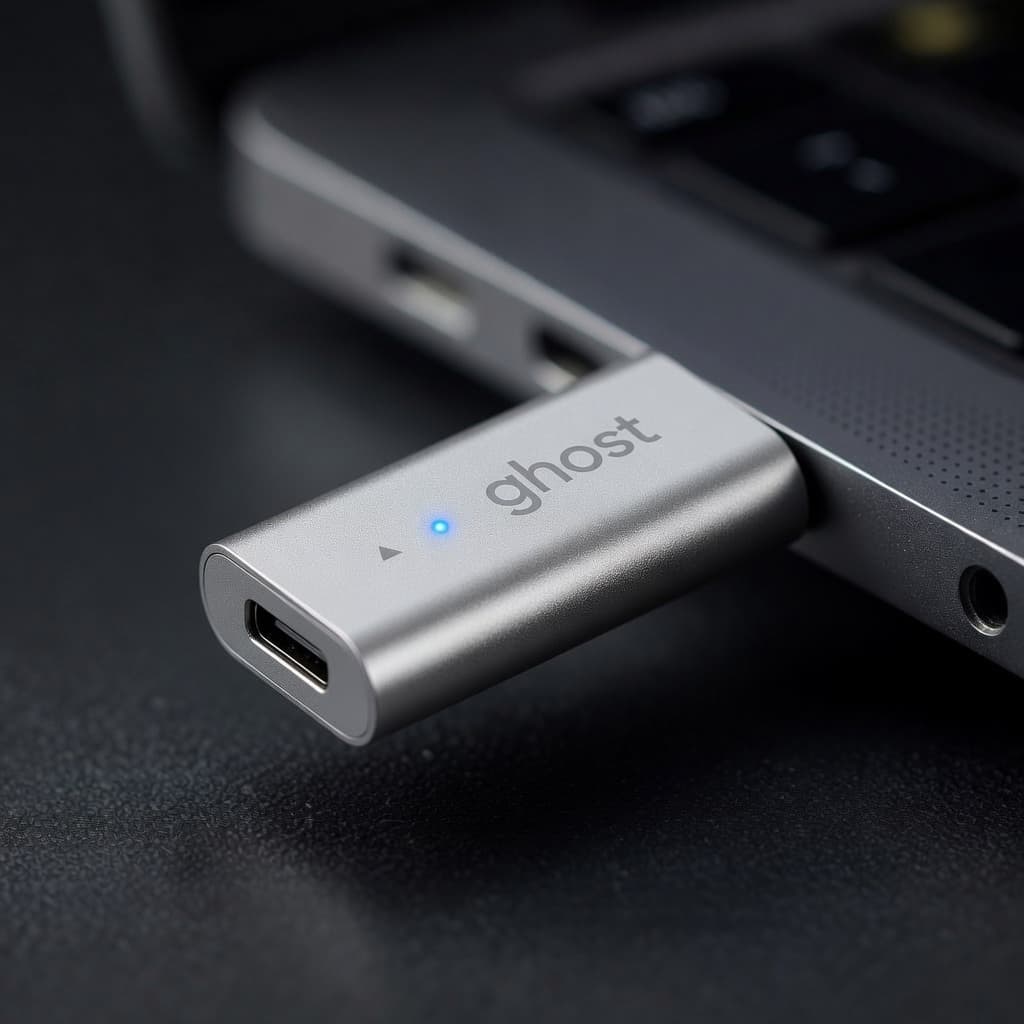 A hand sliding the Ghost dongle into a MacBook USB-C port, its blue status LED lit.