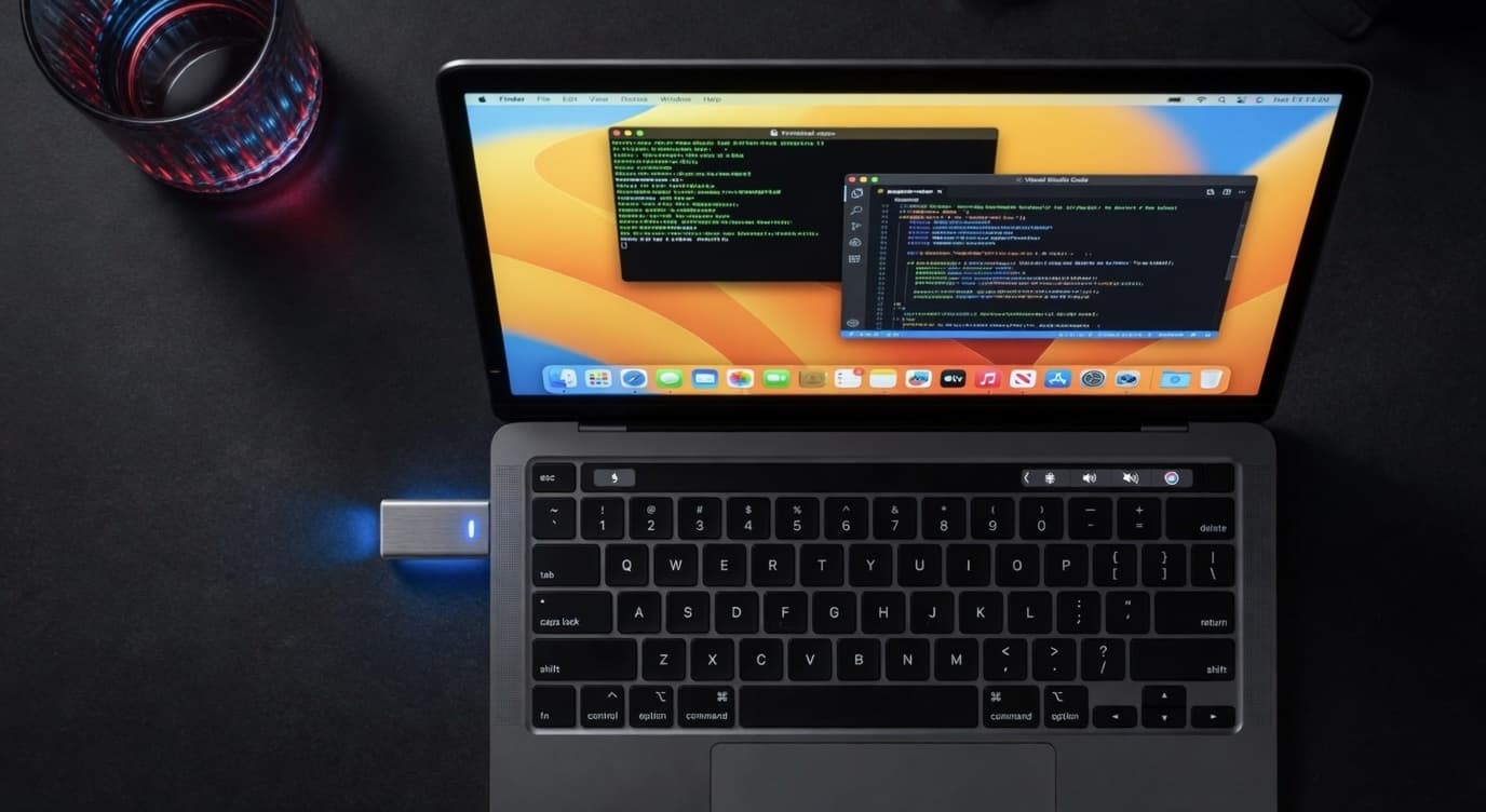 Top-down view of an open MacBook running a terminal and VS Code, with Ghost plugged into a side port.